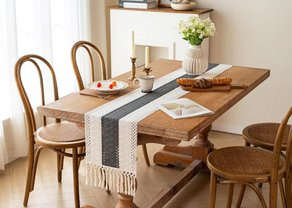 FEXIA Boho Table Runner for Summer Home Decor with Tassels 60 Inches Long Farmhouse Grey Rustic Burlap Table Runner Macrame Table Decoration for Kitchen Bedroom Living Room (12x60 Inches)