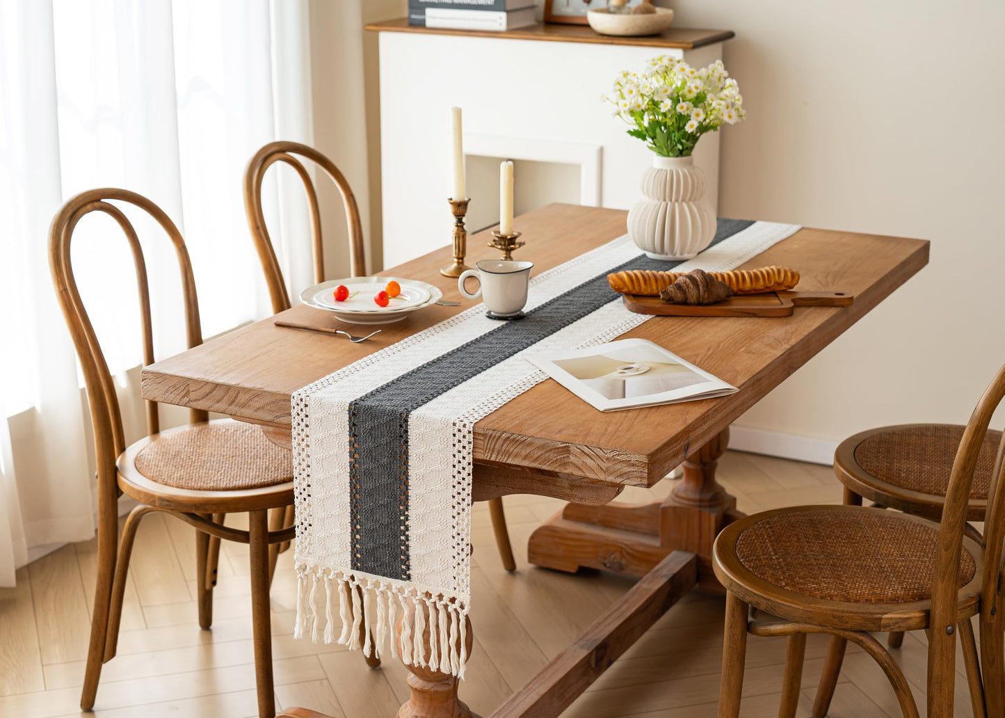 FEXIA Boho Table Runner for Summer Home Decor with Tassels 72 Inches Long Farmhouse Grey Rustic Burlap Table Runner Macrame Table Decoration for Kitchen Bedroom Living Room (12x72 Inches)
