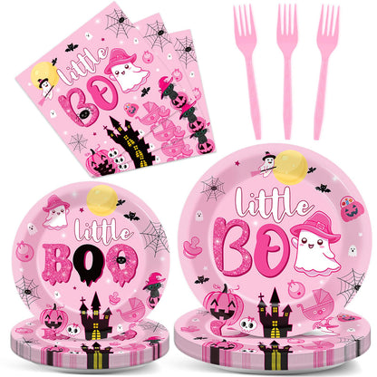 ZOIIWA 96PCS Halloween Little Boo Baby Shower Party Tableware Set for Girls Ghost Party Supplies for 24 Guests Disposable Pink and Black Boo Dinnerware Plates Napkins Forks for Halloween Party Favors