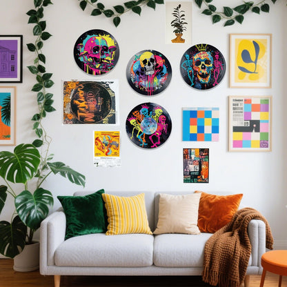 DOODLREAM 4PCS Graffiti Skull Vinyl Record Wall Decor 12" Hippy Halloween Skeleton Wall Art Posters for Room Aesthetic, Retro Record Decor for Music Party Studio Living Room DIY Craft Project