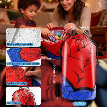 HLHLLSW 50 PCS Spider Web Drawstring Bags, Red Blue Plastic Goodie Candy Bags with Drawstring, for Kids Spider Theme Birthday Party Favors Decorations & Supplies