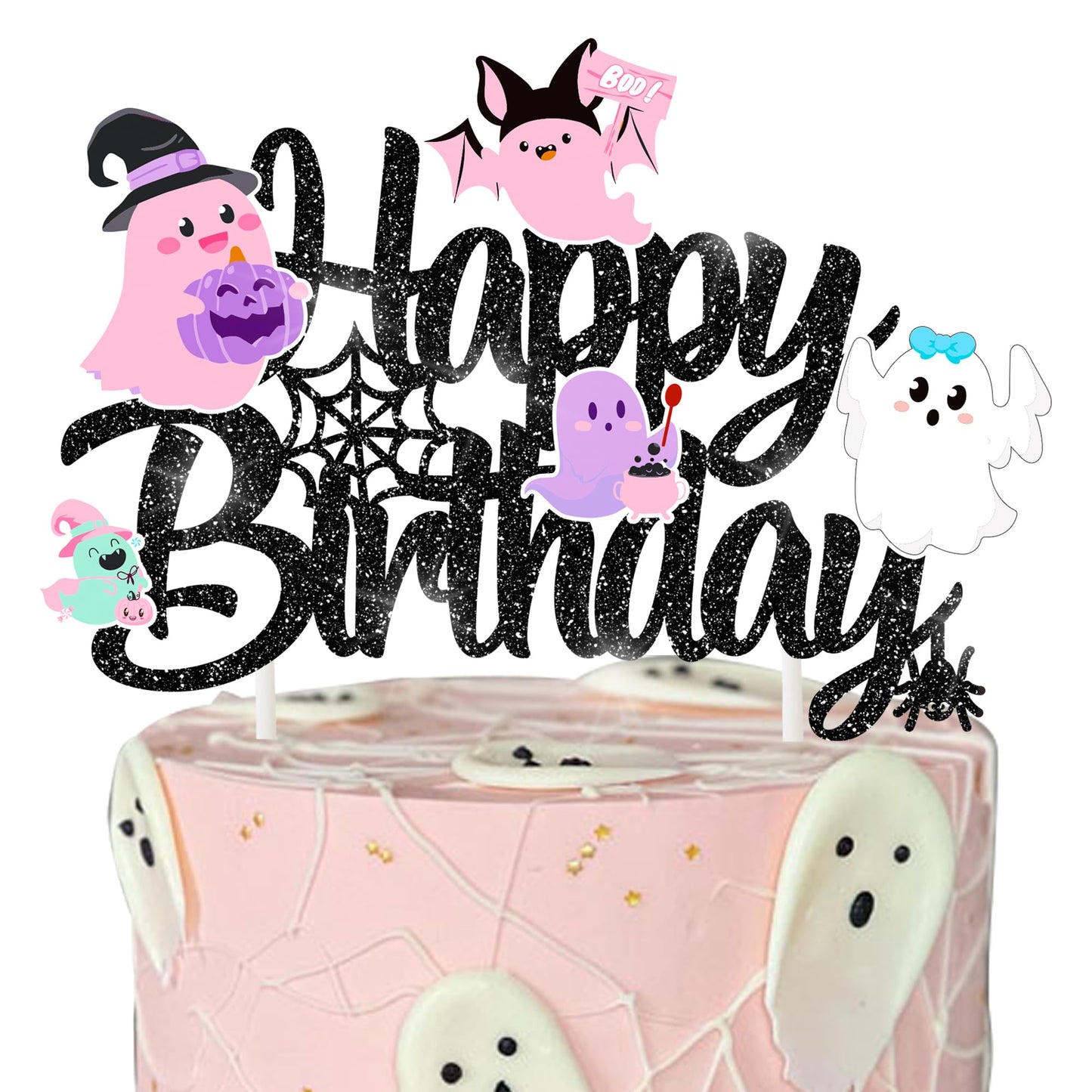 Halloween Ghost Happy Birthday Cake Topper Black Glitter Halloween Birthday Cake Decorations Pastel Ghost Cake Picks Ghosts Boo Day Baby Shower Decor for Birthday Party Supplies