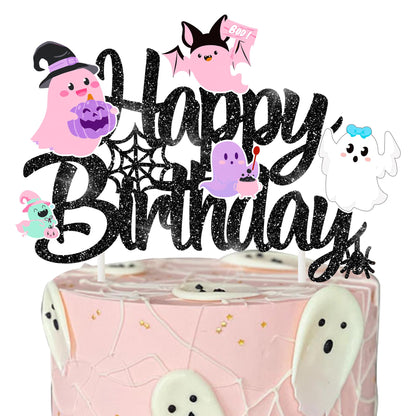 Halloween Ghost Happy Birthday Cake Topper Black Glitter Halloween Birthday Cake Decorations Pastel Ghost Cake Picks Ghosts Boo Day Baby Shower Decor for Birthday Party Supplies