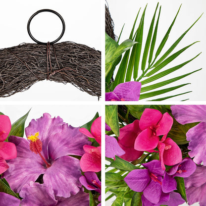 Briful Tropical Floral Wreath for Front Door, 19.6" Artificial Pink & Purple Hibiscus Flower Wreath with Palm Leaves, Summer Spring Wreaths for Wall Mantle Window Home Porch Decor