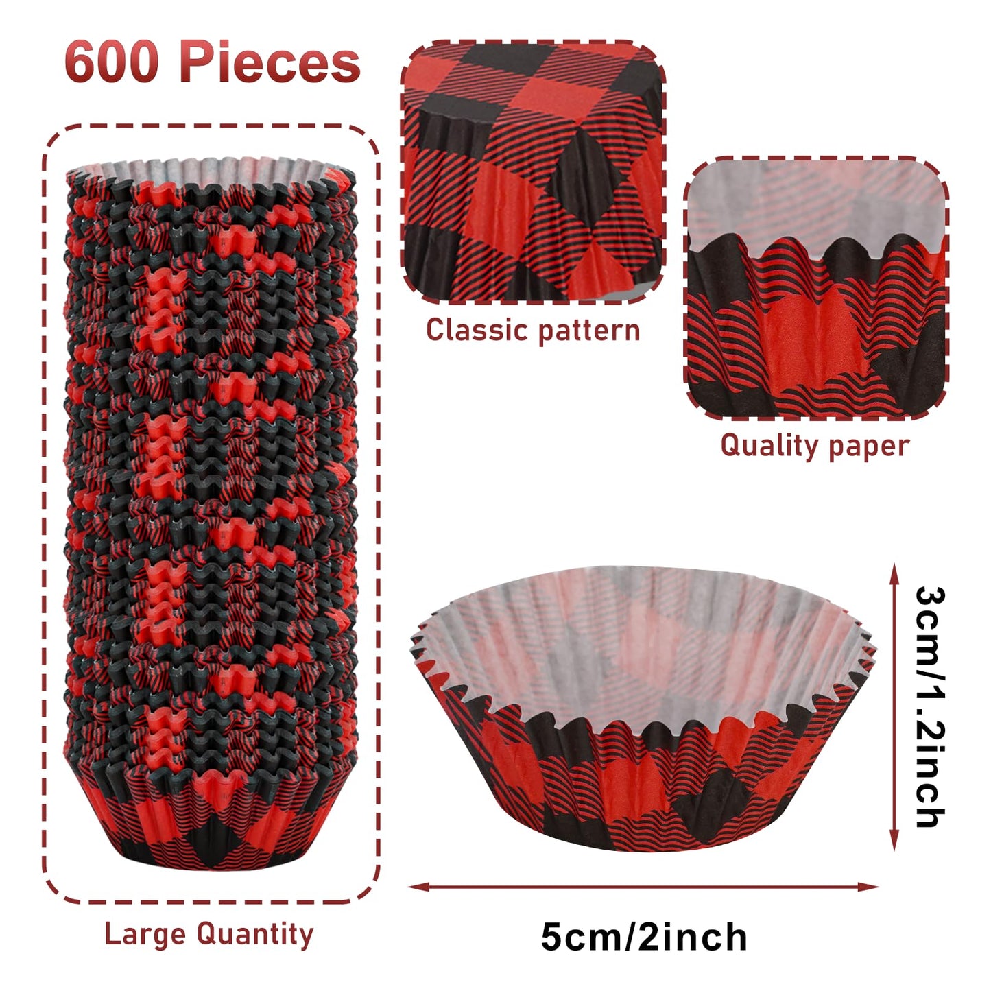Whaline 600Pcs Christmas Cupcake Liners Buffalo Plaids Cupcake Wrappers Red Green Black Checked Xmas Muffin Liners Holiday Paper Cake Baking Cups for Christmas Party Home Kitchen Supplies