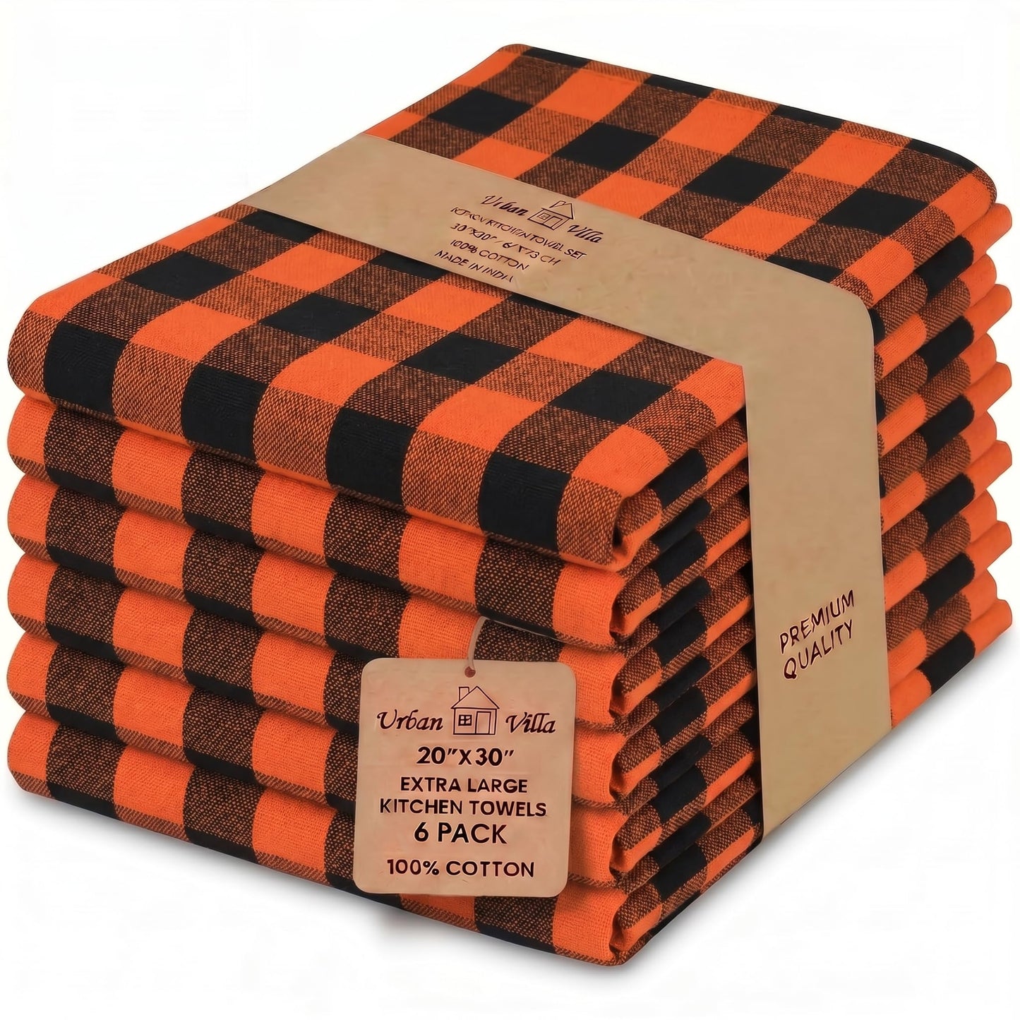 Urban Villa Halloween Kitchen Towels Set of 6 Dish Towels Size 20''x30'' Buffalo Checks Orange/Black 100% Cotton Highly Absorbent Quick Drying Dish Cloths & Dish Towels with Hanging Loop Tea Towels
