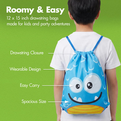 Podzly Drawstring Bags Bulk 12 Pack – Monster Themed Drawstring Backpack Bulk – 12" x 15" Washable Polyester Cinch Sackpack – Kids Party Favor Goody Bags for Halloween, Birthday, Dulceros Fiestas