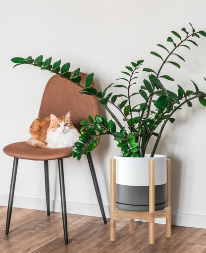 D'vine Dev Ceramic Planter with Natural Stand - 10 Inch Modern Round Flower Pot with Wood Planter Holder, White/Grey, 55-B-K-6