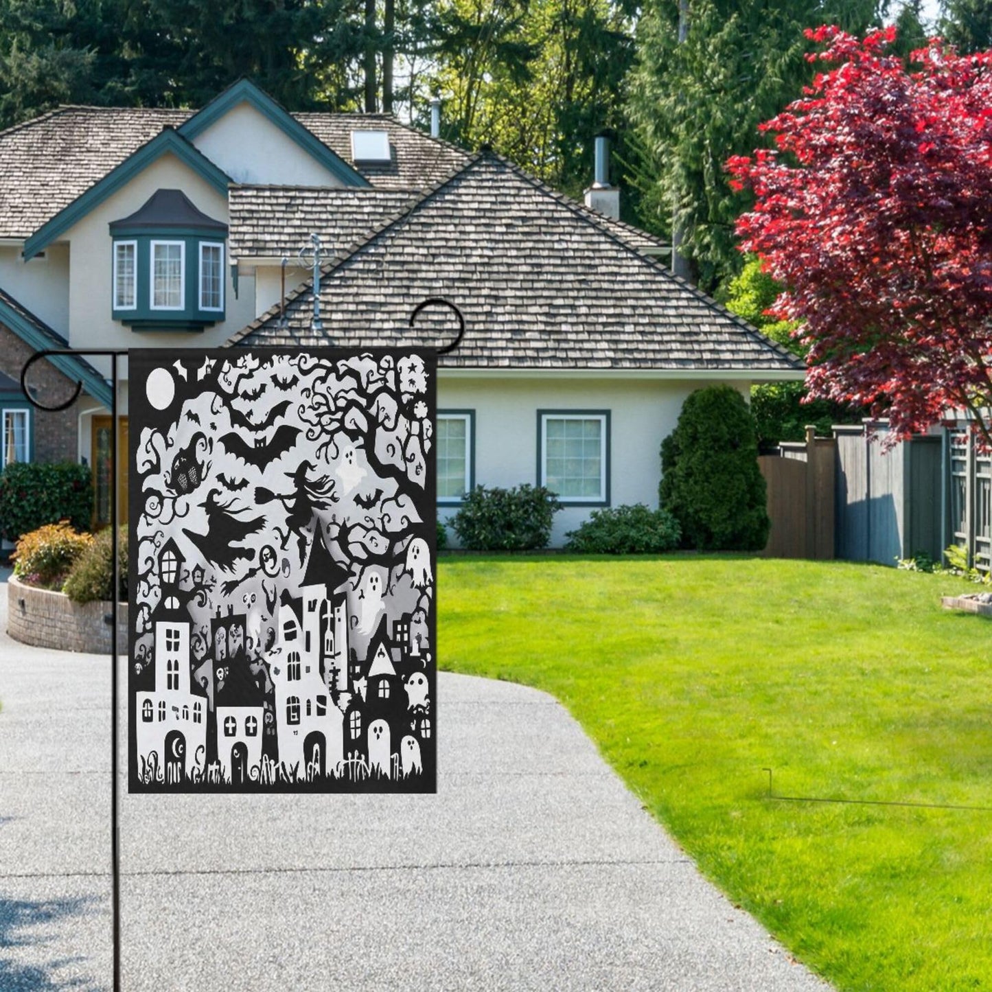 Halloween Witch Black House Flag 28x40 Inch Double Sided Outside Spooky Ghost Boo Bat Seasonal Yard Outdoor Flag Banner for Garden Lawn Patio Holiday Decorations
