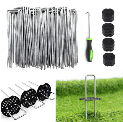 10 Inch 200 PCS Galvanized Landscape Staples with 200 PCS Gasket, Landscape Fabric Pins Stakes Lawn Ground Cover Graden Staples Spikes Weed Barrier Stakes