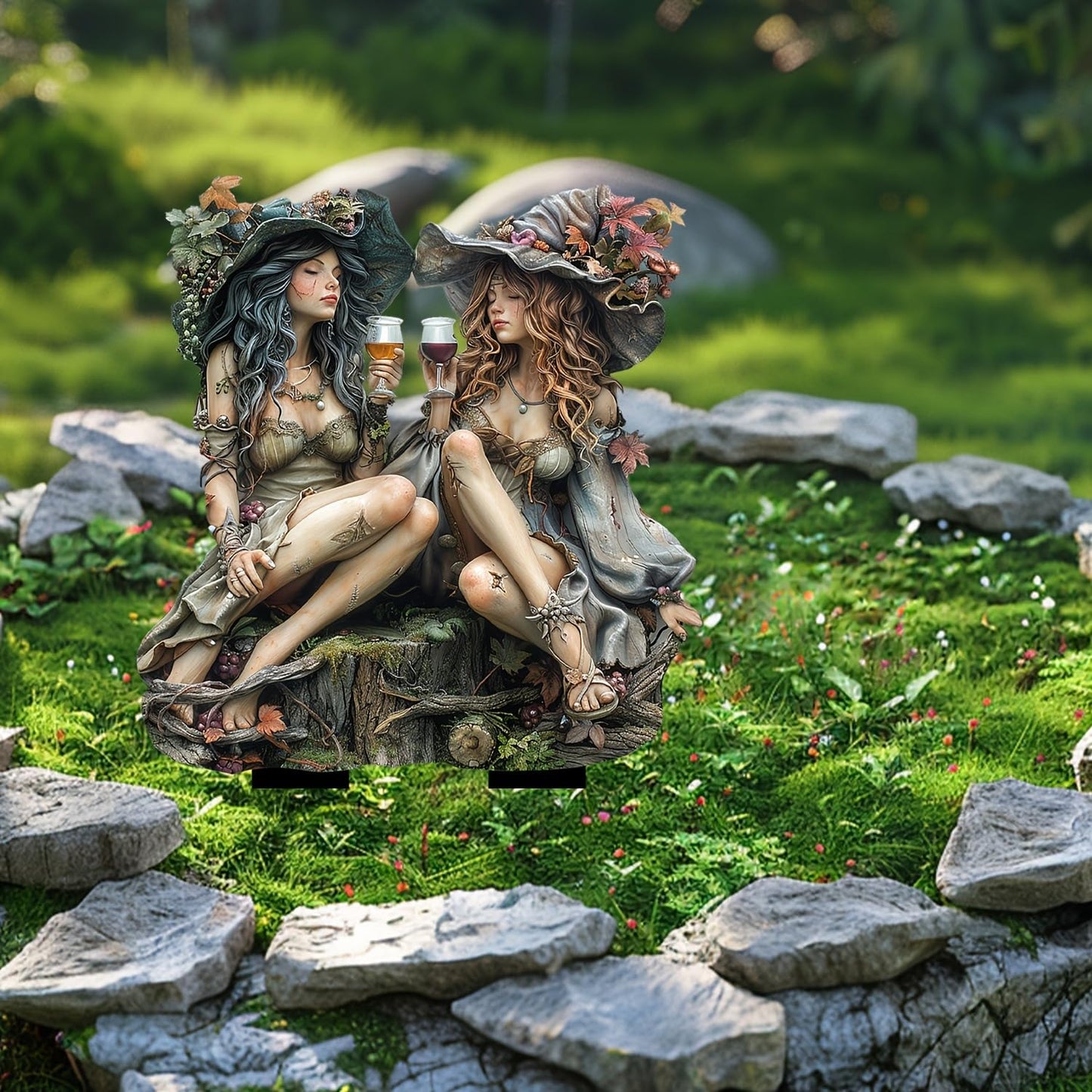 WGKOMEGE Fairy Garden Stake Decor, Acrylic 2D Garden Fairy Decoration, Fairy Garden Accessories for Outdoor Indoor Yard Lawn Pot Plants (Two-Witches)
