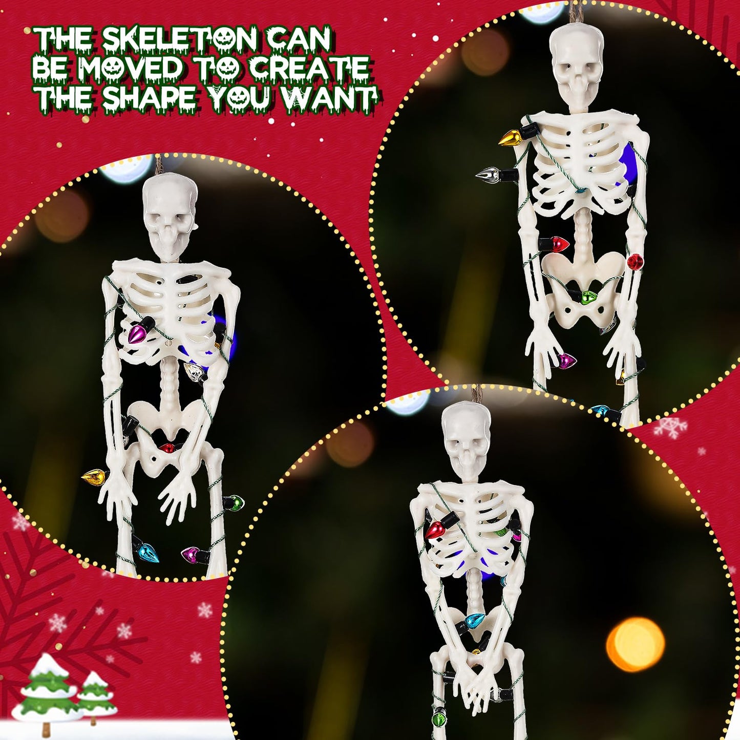 Tujoe 10 Pcs Christmas Skeleton Wrapped in Lights 6.7 Inch Christmas Tree Hanging Ornament Scary Skeletons Mini Skeletons Figurines for Haunted House Graveyard Halloween Party Decor