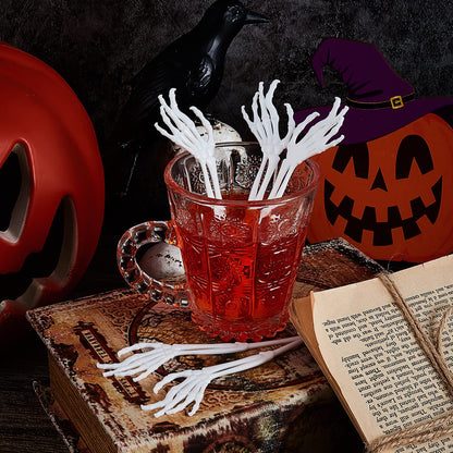 Remerry 48 Pcs Halloween Drink Stirrers Skeleton Swizzle Sticks Skeleton Arms Hands Cocktail Garnish Plastic Cocktail Food Picks for Halloween Bar Horror Party Table Decoration (White)