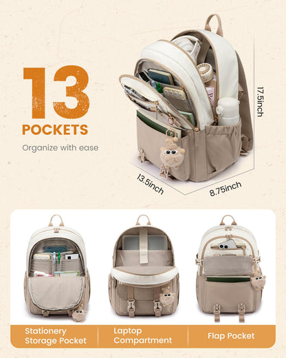 LOVEVOOK School Backpack for Teen Girls, Bookbag for 8-16 Student, Middle High College Back to School Cute Kids Backpack, 15.6 Inch, Purple-beige