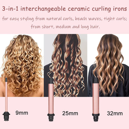 5 in 1 Curling Wand Set, Three Barrel Curling Iron Set with 3 Barrel Curling Iron and 4 Interchangeable Ceramic Curling Wand(0.5”-1.25”), Fast Heating, Include Glove & 2 Clips