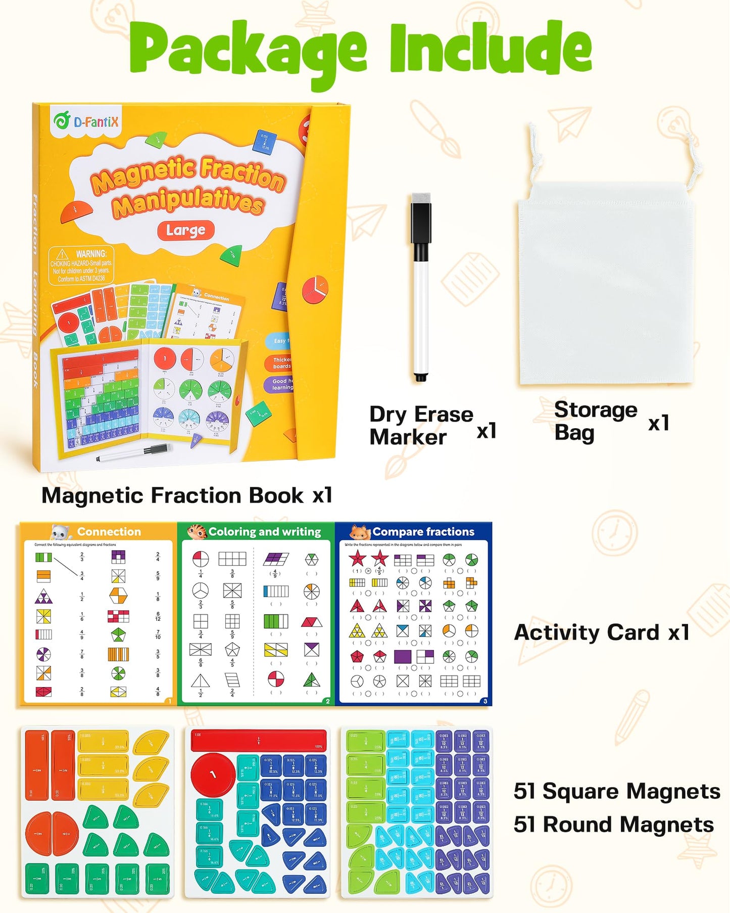 D-FantiX Large Magnetic Fraction Book, Magnetic Fraction Tiles & Fraction Circles Set with Dry Erase Activity Card, Montessori Fraction Manipulatives Learning Toys for Kids