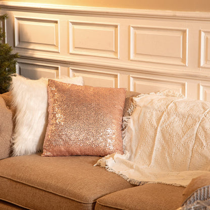 Irenare 4 Pcs Sequin and Fluffy Pillow Covers Winter Throw Pillow Cases Soft Cushion Cover for Couch Bed Sofa Xmas Day (White, Rose Gold,18 x 18 Inch)
