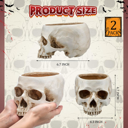 Acellegic Skull Planter Resin Skull Head Flower Pot Candy Bowl Spooky Gothic Decoration for Tabletop Home Bar Office Desk Halloween(2 Pack,Antique White,Classic)