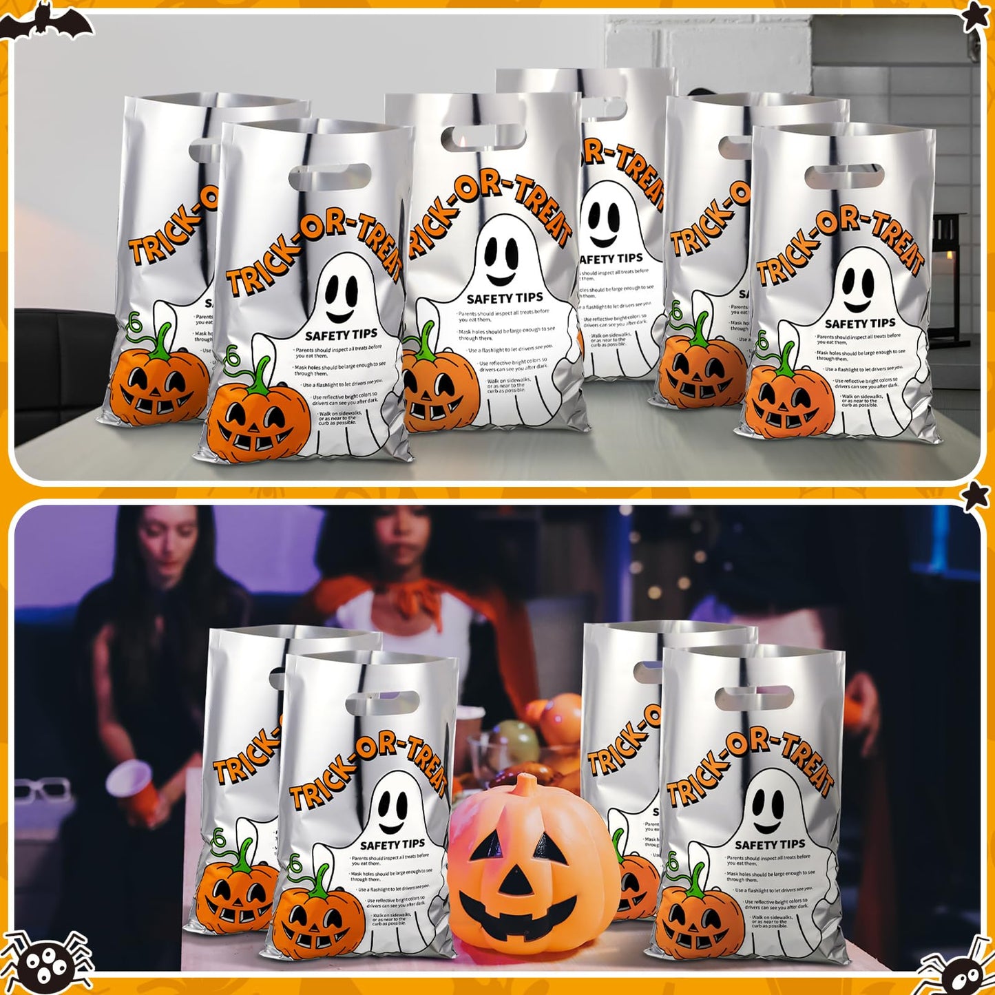 Hosuly 100 Pcs Trick or Treat Reflective Goodie Bags Bulk Halloween Plastic Gift Bags Safety Tips with Handles for Halloween Trick or Treat Themed Party Favors