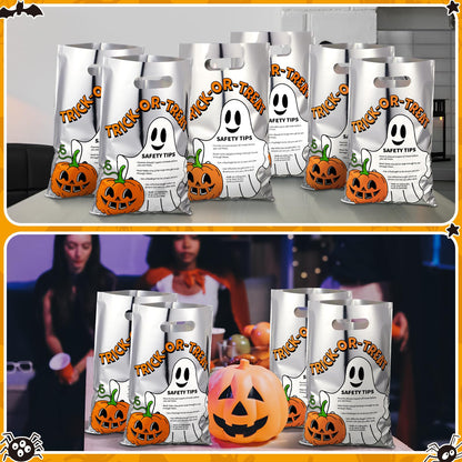 Hosuly 100 Pcs Trick or Treat Reflective Goodie Bags Bulk Halloween Plastic Gift Bags Safety Tips with Handles for Halloween Trick or Treat Themed Party Favors