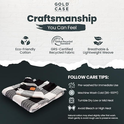 Gold Case Throw Blanket for Couch - 100% Recycled Turkish Cotton Blankets & Throws - Buffalo Soft Throw Blankets for Living Room - Boho Decorative Woven Couch Blanket - 60x80 - Black