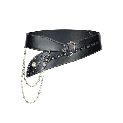 VQYVRZC Goth Belt for Women Wide Black Punk Accessory Studded Rivets with Detachable Crystal Waist Chain Rock Rave Emo Style