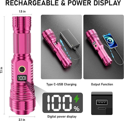 Flashlights High Lumens Rechargeable, 100,000LM LED Super Bright Flash Light, Zoomable Linternas with LCD Digital Display, 5 Mode, Waterproof, Powerful Tactical Flashlight for Emergencies Camping Gift