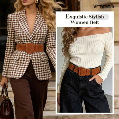 VONMELLI Women Wide Velvet Belt for Dresses Brown Thick Chunky Waist Belt with Vintage Square Buckle, S