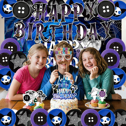 42Pcs Button Party Halloween Night Birthday Party Decorations Includes Cake Toppers,Cupcake Toppers, Banner, Backdrop, Balloons Halloween Party Supplies