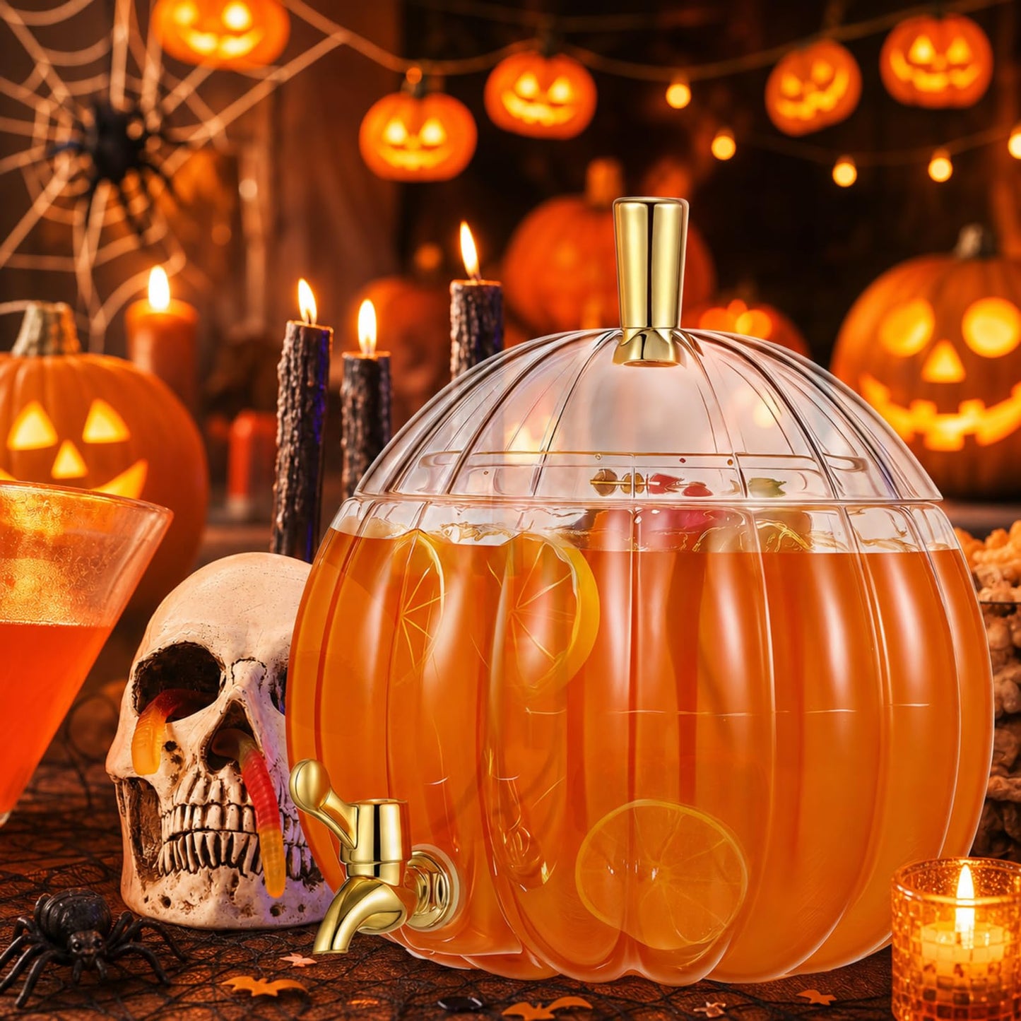 Romooa 1.3 Gallon Halloween Plastic Drink Dispenser with Metal Stand Spigot Pumpkin Shaped Drink Dispenser Beverage Flask with Spigot for Fall Harvest Summer Halloween Autumn Party Supplies(Clear)