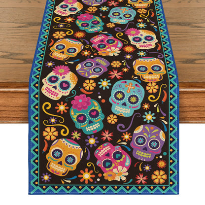 Artoid Mode Suger Skulls Floral Day of The Dead Table Runner, Halloween Seasonal Kitchen Dining Table Decoration for Home Party Decor 13x108 Inch