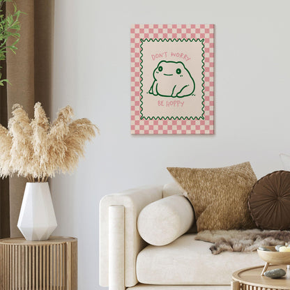 XINCEYWJ Frog Decor, Cute Funny Frog Classroom Wall Decor, Don't Worry Be Hoppy Pink Checkered Canvas Art Prints Framed, Mental Health Cute Funny Wall Art for Kids Bathroom Bedroom Office, 11x14 In