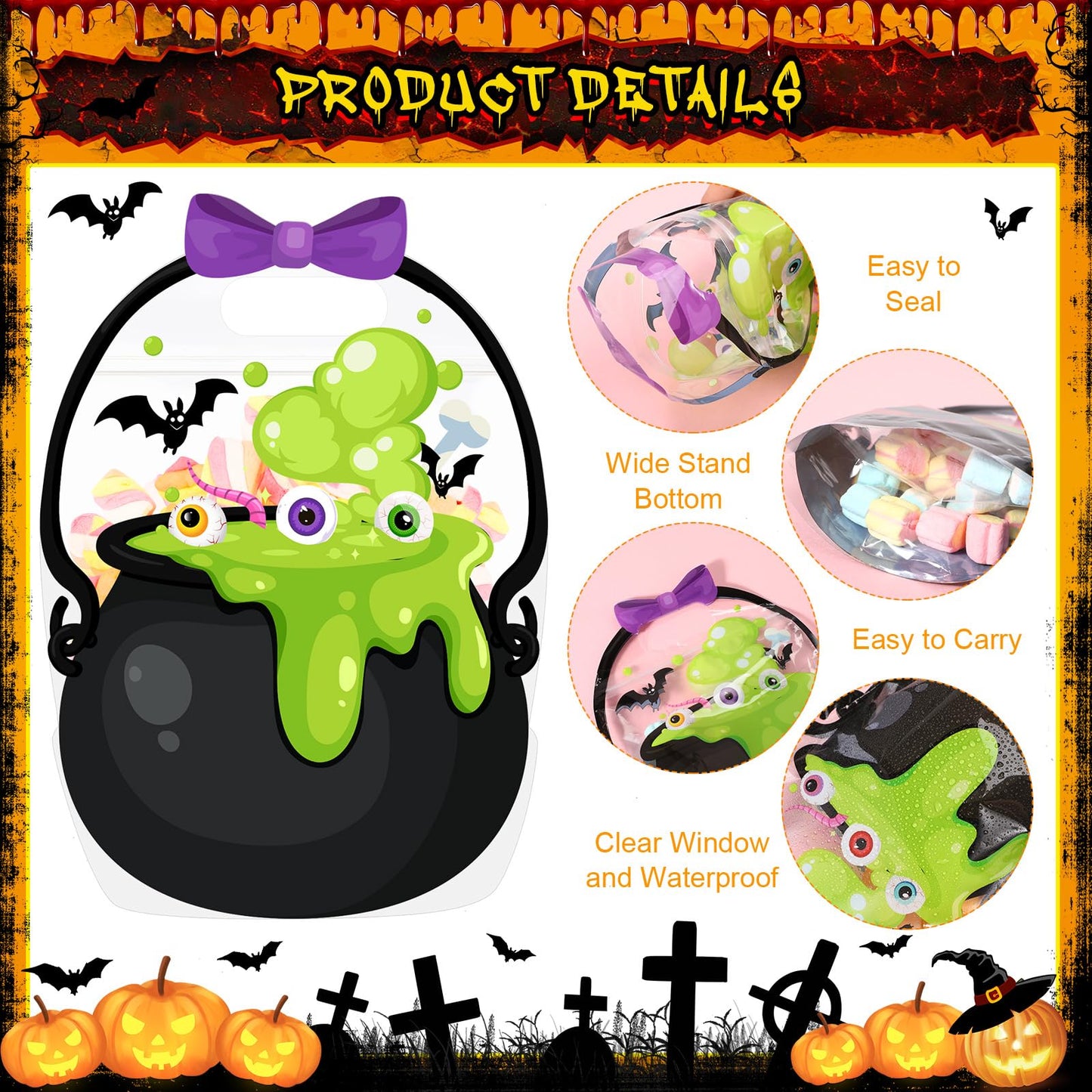 Fuutreo 50 Pcs Halloween Bags Plastic Halloween Goodie Bags with Handles Scary Holiday Sealed Pouch Sealing Cauldron Treat Candy Pouch for Scary Holiday Party Candy Gift Supplies Decoration(Cauldron)