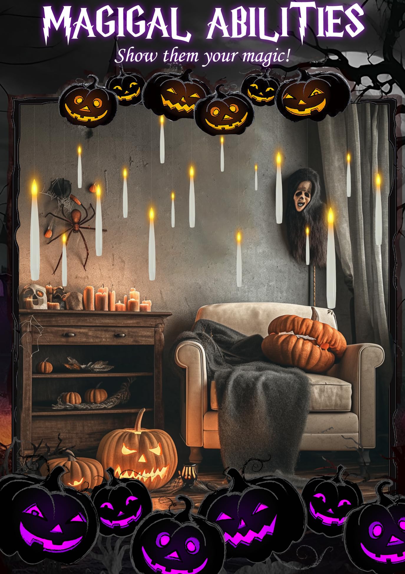 Dreacompy Halloween Decoration, Floating Candles with Wand, 10 PCs Flameless Magic Hanging Candles with 11 AAA Battery, Flickering Warm Light Floating LED Candle Taper Candle Set Birthday, Xmas Gift
