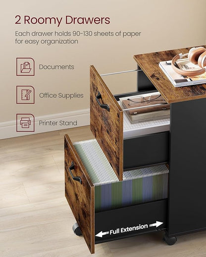 VASAGLE 2-Drawer File Cabinet, Small Rolling Filing Cabinet for Home Office, Printer Stand, for A4, Letter-Size Documents, 15.7 x 16.5 x 27.6 Inches, Rustic Brown and Ink Black UOFC040B01
