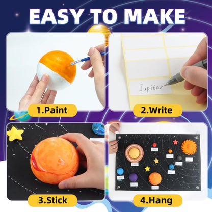 Solar System Project Kit for Kids, Solar System Model Toy Kit for Kids, Learn School Space Planet Science Project of Mix Foam Balls, Planet Felt Board, Brushes, Adhesive Hooks, Instruction