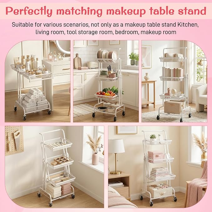Werhoo 90° to 180° Adjustable Makeup Organizer Cart (Detachable Tabletop) with Drawers-4 Tier, Metal Beauty Cart with Enlarged Wheel Move to Bedroom, Bathroom and Living Room for Flexible Makeup