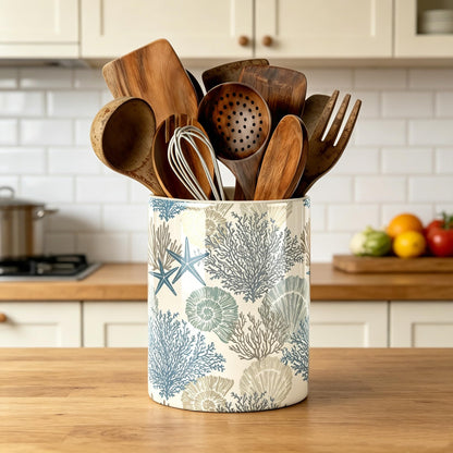 Coastal Utensil Holder, Sea Coastal Ceramic Kitchen Utensil Holder, Utensil Crock for Home Kitchen Countertop Storage Organizer Container, Large Holder for Spatulas, Spoons, Kitchen Counter Decor, 6"