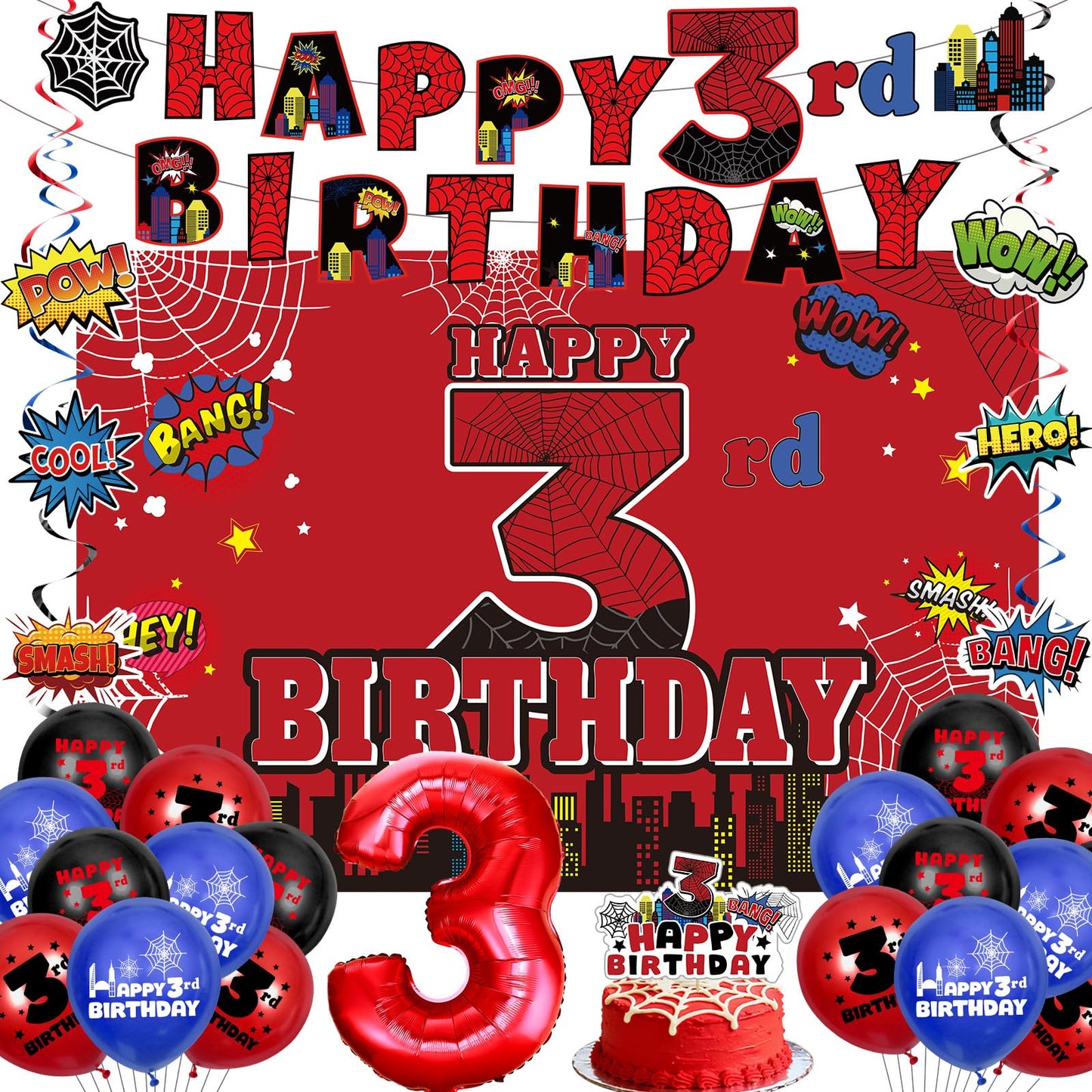 Spider 3rd Birthday Decorations, Red Black Happy 3rd Birthday Banner Backdrop Hanging Swirls Number 3 Balloons Cake Topper for Kids 3 Years Old Spider Web Cartoon Party Supplies Favors Third Decor