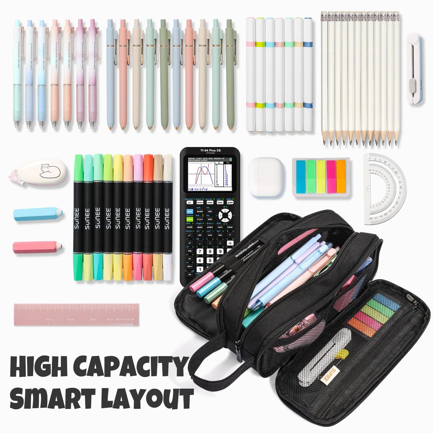 SUNEE Large Capacity Pencil Case with 3 Compartment, Extra Big Pencil Pouch, Pencil Bag with Zipper, Cute High Stationery Organizer, Oxford Pen Box School Supplies for Student Teen Girls Boys, Black