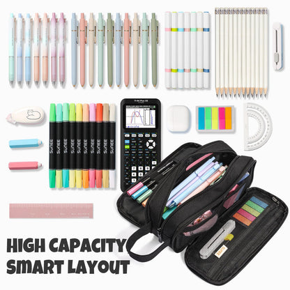 SUNEE Large Capacity Pencil Case with 3 Compartment, Extra Big Pencil Pouch, Pencil Bag with Zipper, Cute High Stationery Organizer, Oxford Pen Box School Supplies for Student Teen Girls Boys, Black