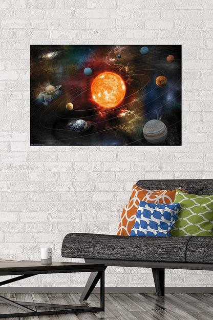 Orbiting Solar System Wall Poster, 34L" x 22.4W", Premium Poster & Mount Bundle