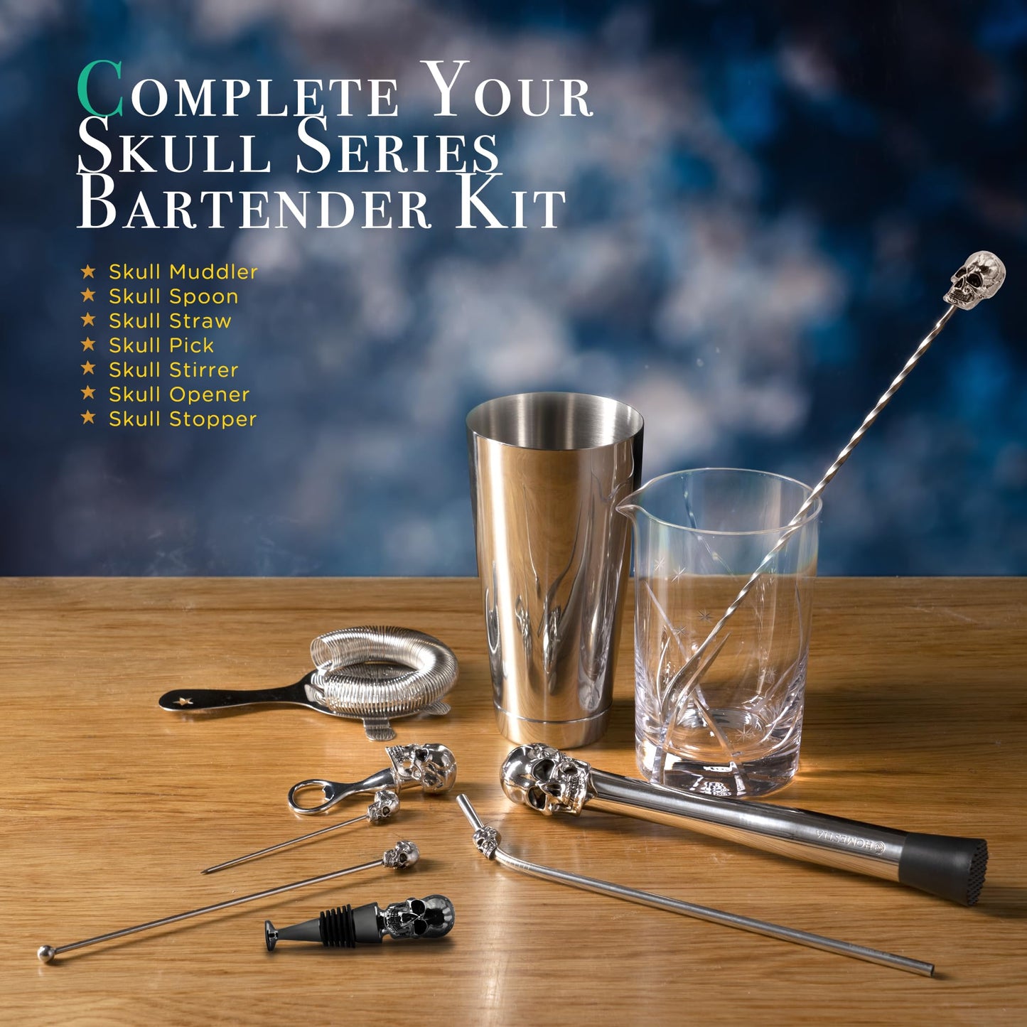 Homestia Black Skull Cocktail Muddler Set, Stainless Steel Bartender Tool Kit with Skull Muddler, Bar Spoon & Pick, Halloween Gothic Barware Gift Box & Cocktail Guide Set of 4