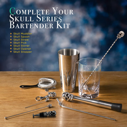 Homestia Black Skull Cocktail Muddler Set, Stainless Steel Bartender Tool Kit with Skull Muddler, Bar Spoon & Pick, Halloween Gothic Barware Gift Box & Cocktail Guide Set of 4