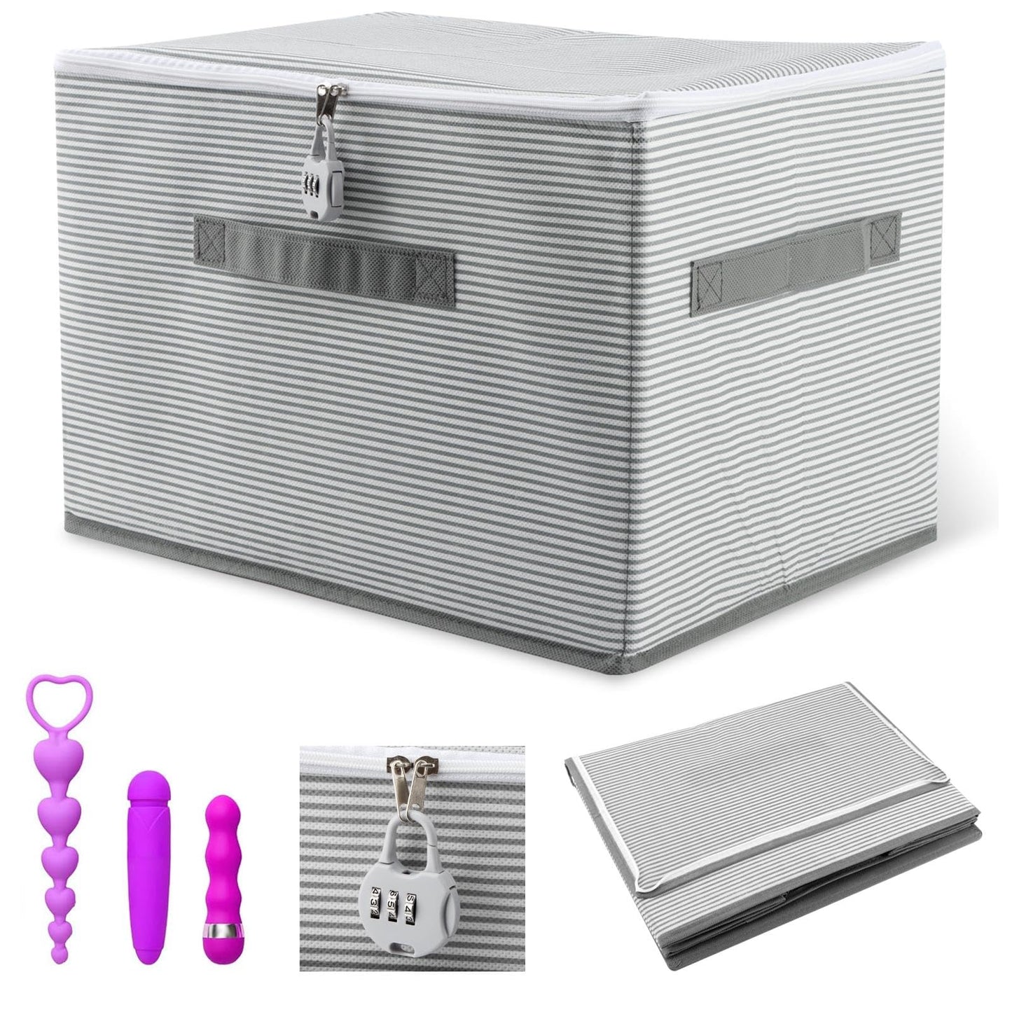 Discreet Lockable Toy Bag Storage Organizer,15 x 10 x 10 Inches Adult Toy Bag Storage Bins Case with Zipper Lid for Women and Men(Gray Stripes)