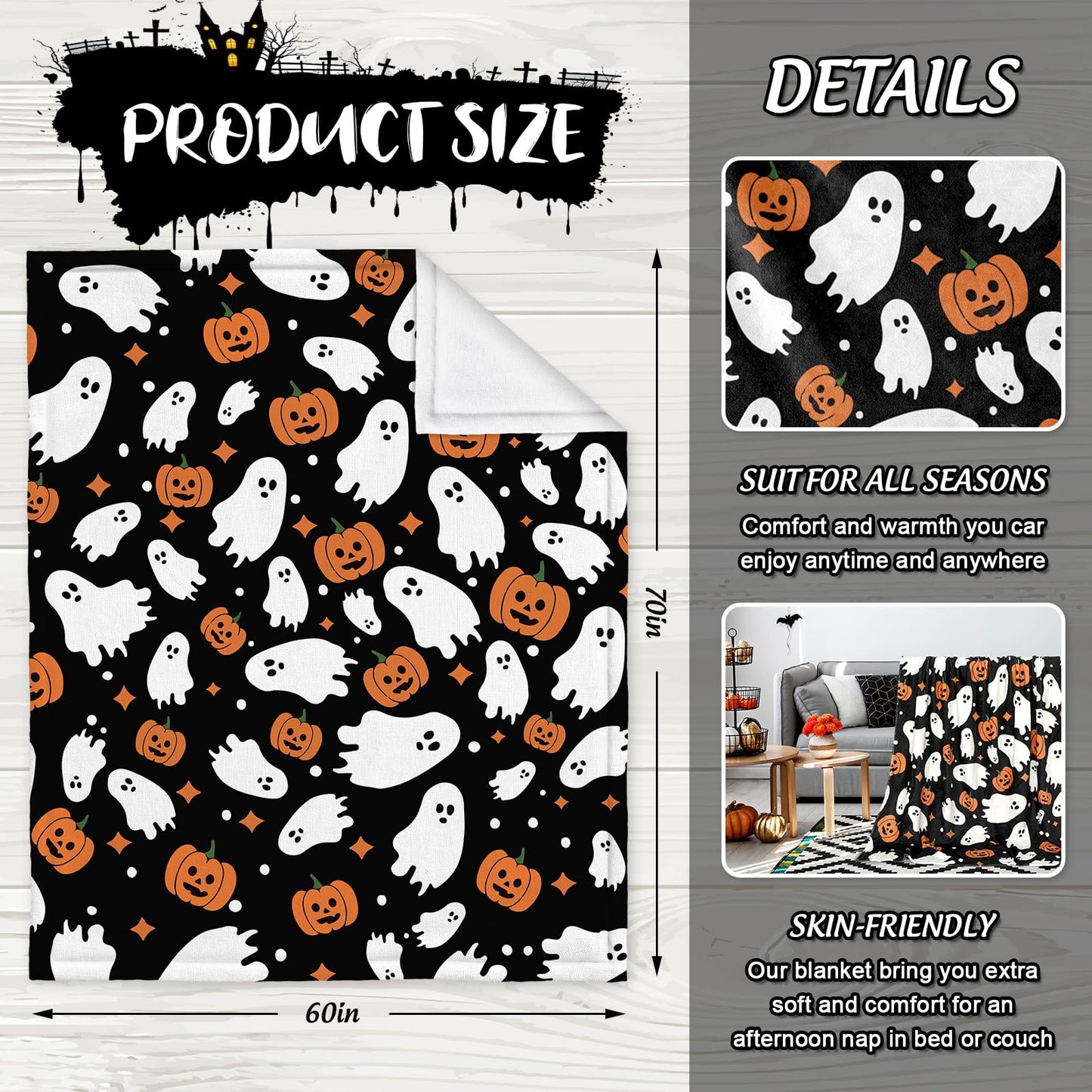 JarThenaAMCS Halloween Fuzzy Flannel Blanket Boo Ghost Pumpkin Throw Blanket Black Soft Blankets for Farmhouse Home Sofa Chair Bed Couch, 60 x 70 Inch
