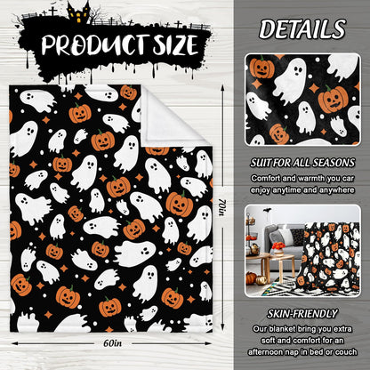 JarThenaAMCS Halloween Fuzzy Flannel Blanket Boo Ghost Pumpkin Throw Blanket Black Soft Blankets for Farmhouse Home Sofa Chair Bed Couch, 60 x 70 Inch