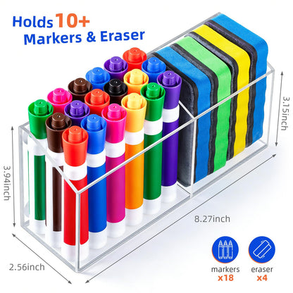 Simetufy Large Magnetic Dry Erase Marker Holder, Magnetic Pen Holder, Whiteboard Marker Holder with Movable Divider for Glass, Fridge & Locker, Non-slip Acrylic Magnetic Marker Holder
