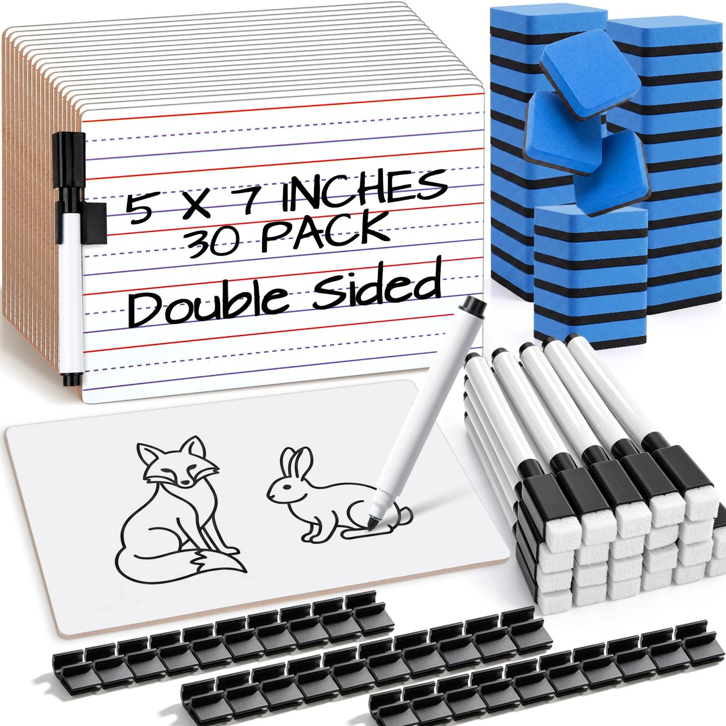 Lincia 30 Pack Dry Erase Boards, 5 x 7 Inches Double Sided Lined Small Whiteboards with 30 Markers, 30 Erasers and Pen Clips, Mini Whiteboards for Students, Teachers, Classroom Supplies