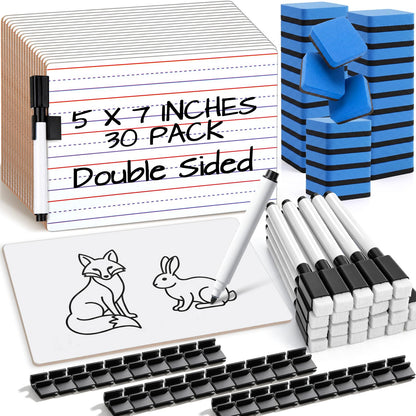 Lincia 30 Pack Dry Erase Boards, 5 x 7 Inches Double Sided Lined Small Whiteboards with 30 Markers, 30 Erasers and Pen Clips, Mini Whiteboards for Students, Teachers, Classroom Supplies